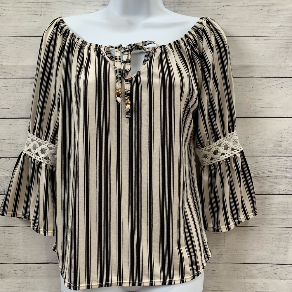 E. Stacy Vertical Striped Off/On Shoulder Bell Sleeve Peasant Top